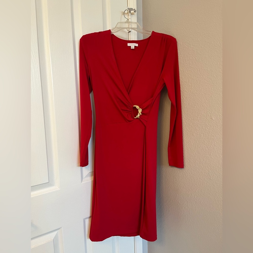 Charter Club Red Color Wraps Dress, beautiful gold buckle around waist.